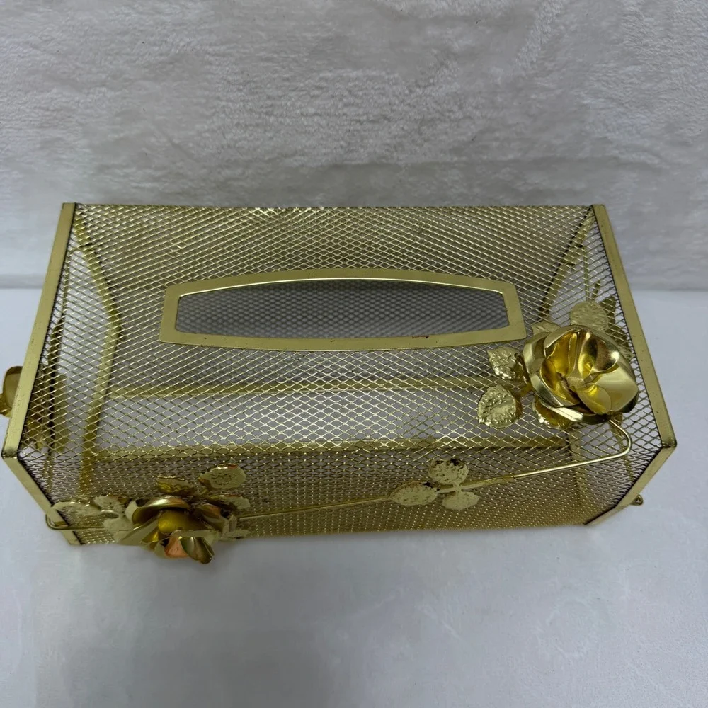 VTG Gold Tone Mesh Tissue Box‎ Cover Holder Hollywood Regency Rose Floral Metal